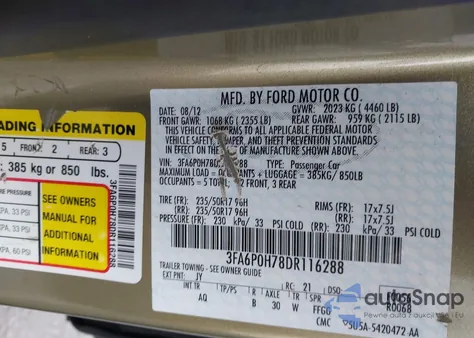 2013 Ford Fusion Se z USA, uszkodzony, nr VIN 3FA6P0H78DR116288